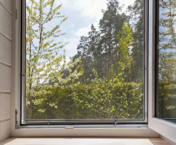 Ventana blanca con red de mosuito en una casa de madera rústica con vistas al jardín de flores. — Foto de Stock