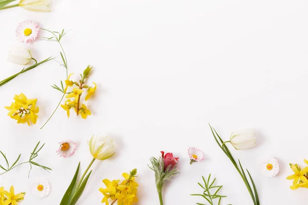 Jarní rám z malých květin a sedmikrásky, květinové aranžmá — Stock fotografie