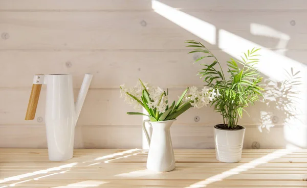 Elegante sfondo primaverile, bouquet di giacinti bianchi con ombra solare macchiata sulla parete in legno, tavolo in legno — Foto Stock