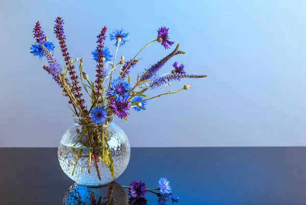 Minimalist Photo Blue Purple Cornflower Flowers Wild Herbs Bouquet Table — Stock Photo, Image