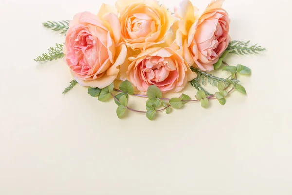 Framework from orange roses on white background. Flat lay. Top view