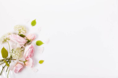 Beyaz arka planda şenlikli pembe çiçek gül kompozisyonu. Üst manzara, düz yatış. Uzayı kopyala Doğum günü, Anneler, Sevgililer, Kadınlar, Düğün Günü konsepti.