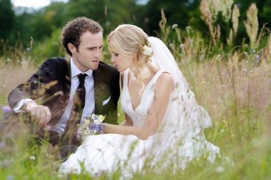 Gelin ve damat bir çayır oturan