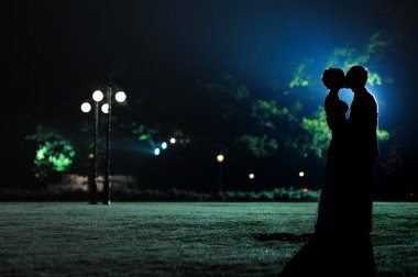 Gece parkta womand ve insan siluetleri
