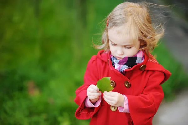 Маленька дівчинка в яскраво-червоному пальто восени — стокове фото