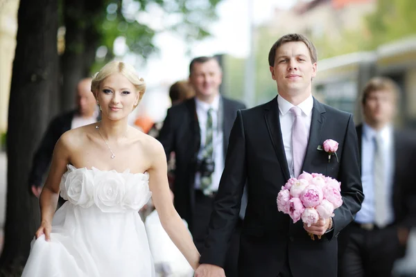 Gelin ve damat yürüyüşe sahip — Stok fotoğraf