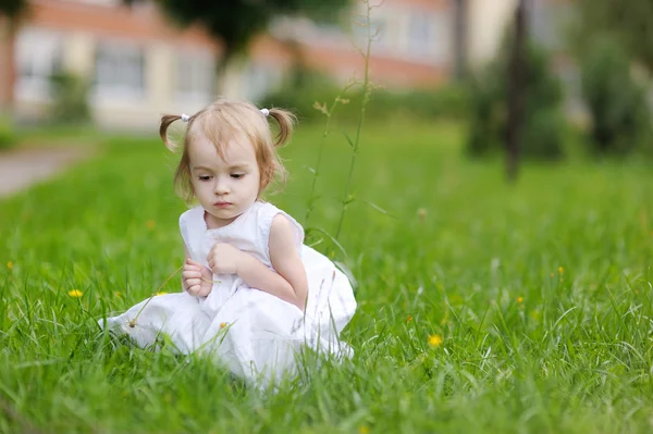 Pequeño dorado en bonito vestido blanco —  Fotos de Stock