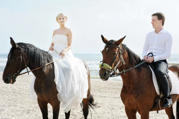 Жених и невеста на конях у моря — стоковое фото