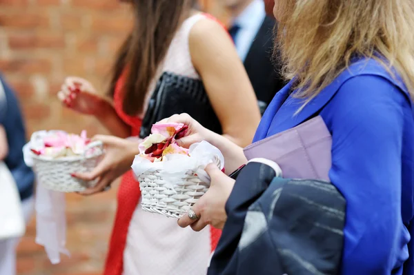 Mulheres pendurar segurando pétalas de rosa — Fotografia de Stock