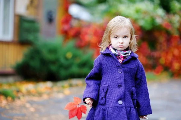 Niña con abrigo azul brillante en otoño —  Fotos de Stock