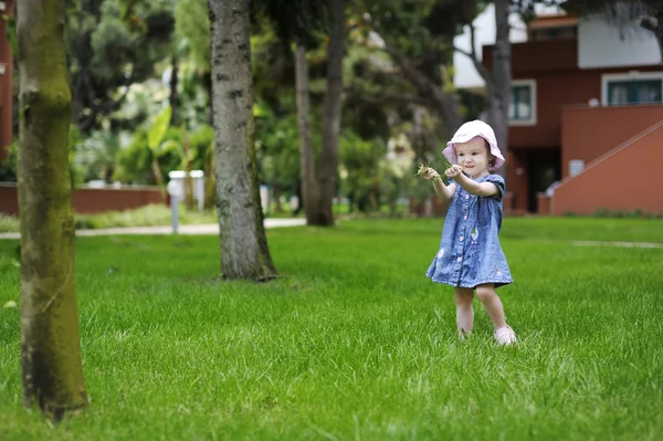 Adorable jeune fille jouant avec une herbe — Photo