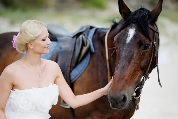 Невеста на коне у моря — стоковое фото