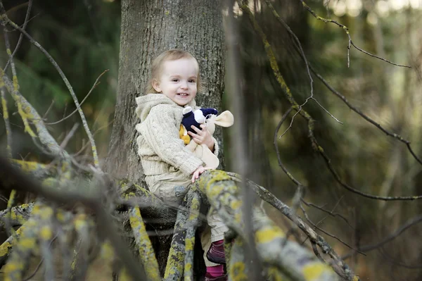 Niña pequeña sentada en una rama de árbol — Foto de Stock