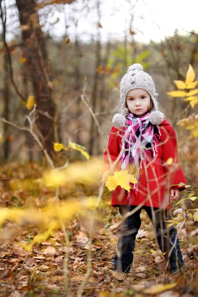 Entzückendes Mädchen, das an einem Herbsttag Spaß hat — Stockfoto