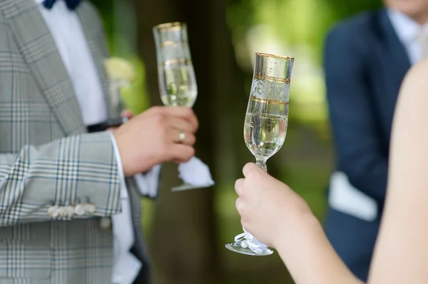 Bride and groom holding champagne glasses — Stock Photo, Image