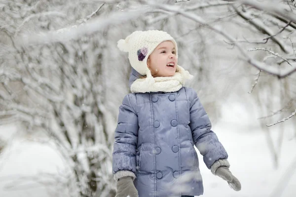 Liten flicka som har kul på vintern — Stockfoto