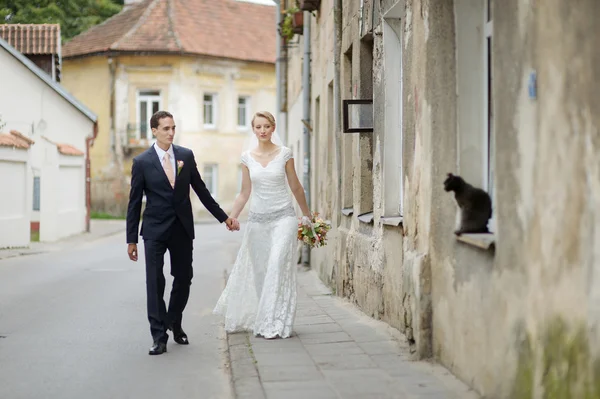 Bride and groom taking a walk — Stock Photo, Image