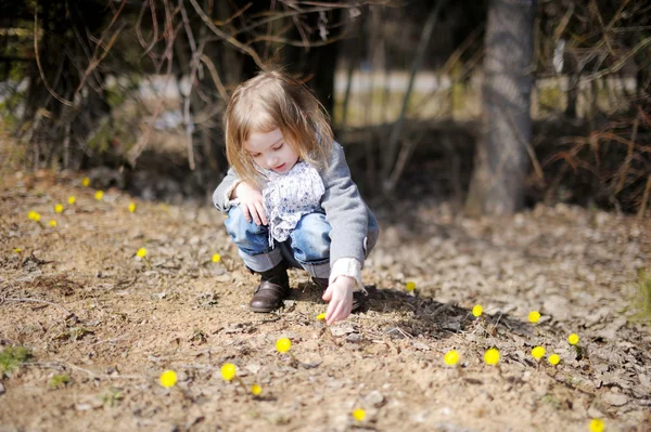 春の花に触れる小さな幼児の女の子 — ストック写真