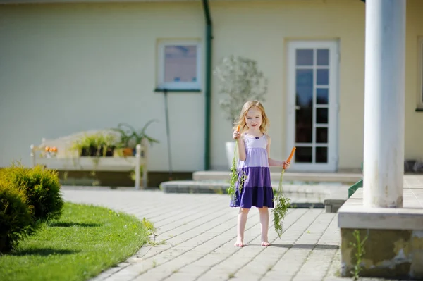 Bedårande liten flicka med morötter — Stockfoto