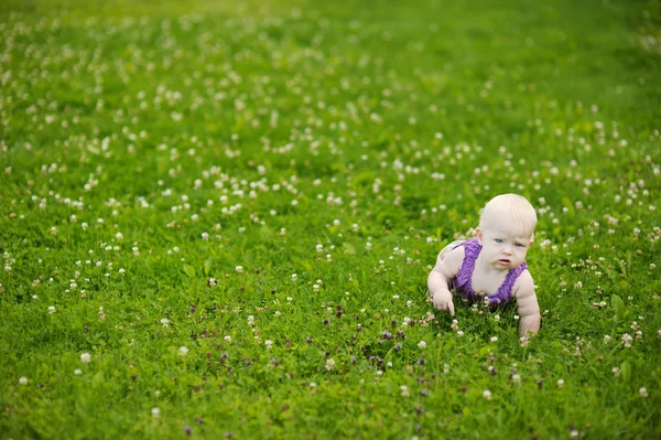 Bébé rampant sur une herbe verte — Photo