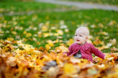 Sevimli kız güzel bir sonbahar gününde eğleniyor.