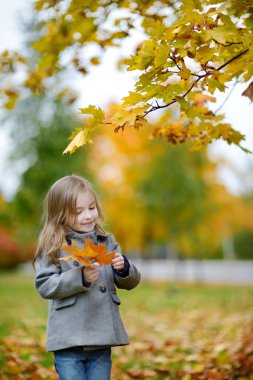 sevimli küçük kız sonbahar gününde eğleniyor