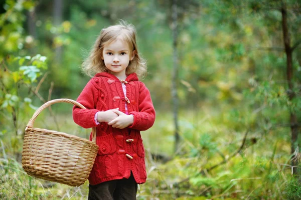 Симпатична маленька дівчинка збирає гриби — стокове фото