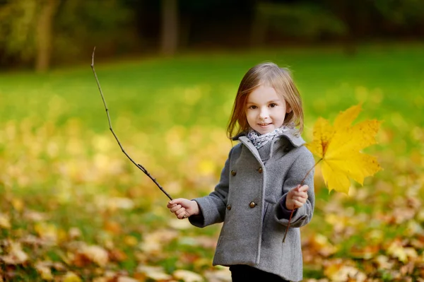 Sevimli kız sonbahar gününde eğleniyor — Stok fotoğraf