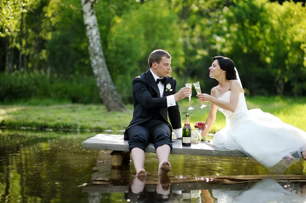 花嫁と花婿はシャンペンを飲んで — ストック写真