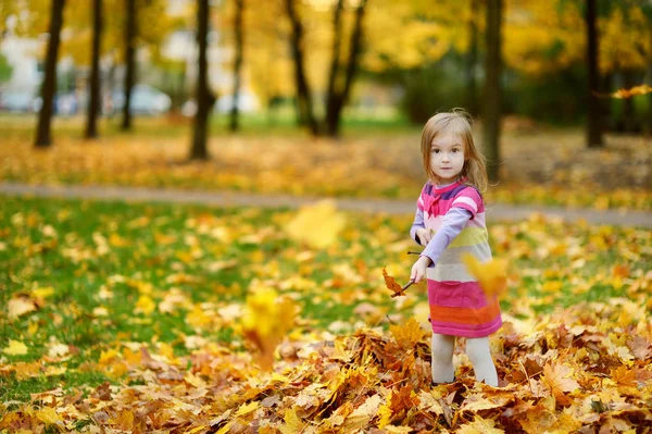 Adorabile bambina che gioca con le foglie d'autunno — Foto Stock