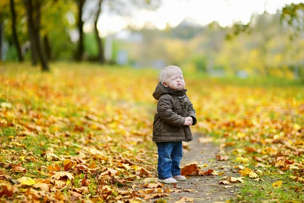 Adorabile ragazza che piange nella bella giornata autunnale — Foto Stock