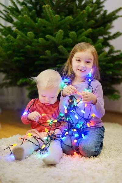 2 人の姉妹にクリスマス ツリーを飾ること — ストック写真