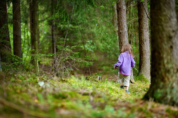 Adorable little girl hiking in the forest — Stock Photo, Image