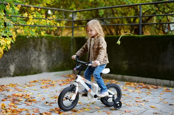 Adorable girl riding a bike on autumn day — Stock Photo, Image