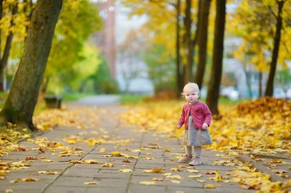 Adorabile ragazza divertirsi nella bella giornata autunnale — Foto Stock