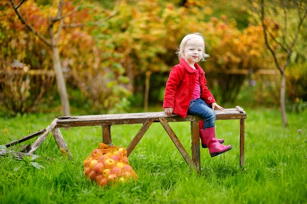 Маленька дівчинка сидить на дерев'яній лавці восени — стокове фото