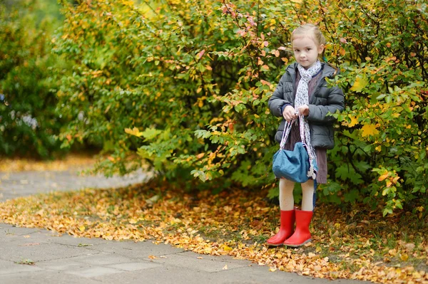 Petite fille sur le chemin de l'école le jour de l'automne — Photo