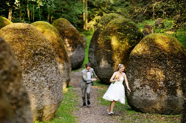 Lyckliga bruden och brudgummen roar sig — Stockfoto