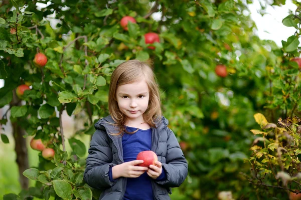 Kleines Mädchen mit einem Apfel am Apfelbaum — Stockfoto