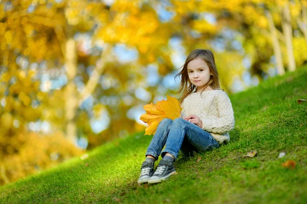 Adorable little girl having fun on autumn day — Stock Photo, Image