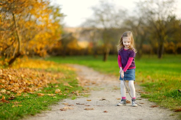 Entzückendes kleines Mädchen hat Spaß an einem Herbsttag — Stockfoto