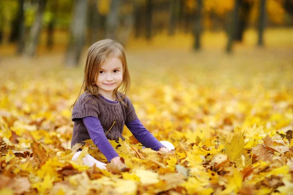 Adorable petite fille s'amuser le jour de l'automne — Photo