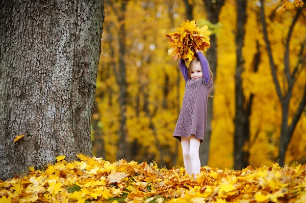 Adorable little girl having fun on autumn day — Stock Photo, Image