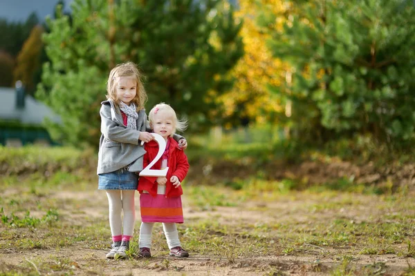 Dos adorables hermanitas sosteniendo los DOS grandes —  Fotos de Stock