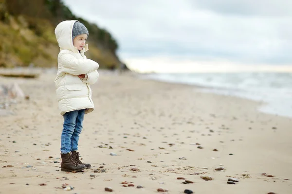 Entzückendes kleines Mädchen mit Blick auf den Ozean — Stockfoto