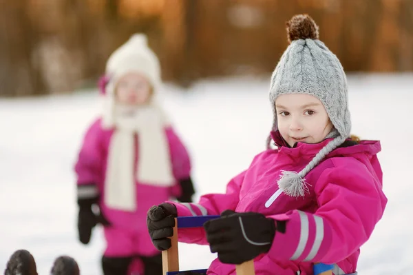 Две маленькие девочки на закате зимой — стоковое фото