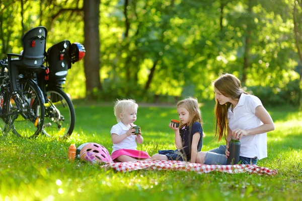 Jonge moeder en haar dochters met een picknick — Stockfoto