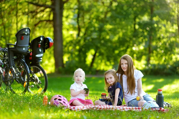 Jonge moeder en haar dochters met een picknick — Stockfoto