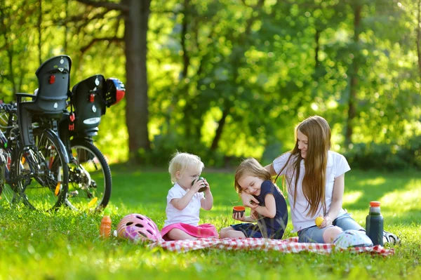 Giovane madre e le sue figlie a fare un picnic — Foto Stock