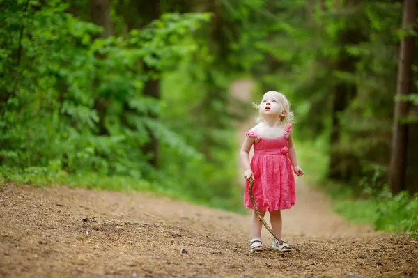 Klein meisje in het bos — Stockfoto